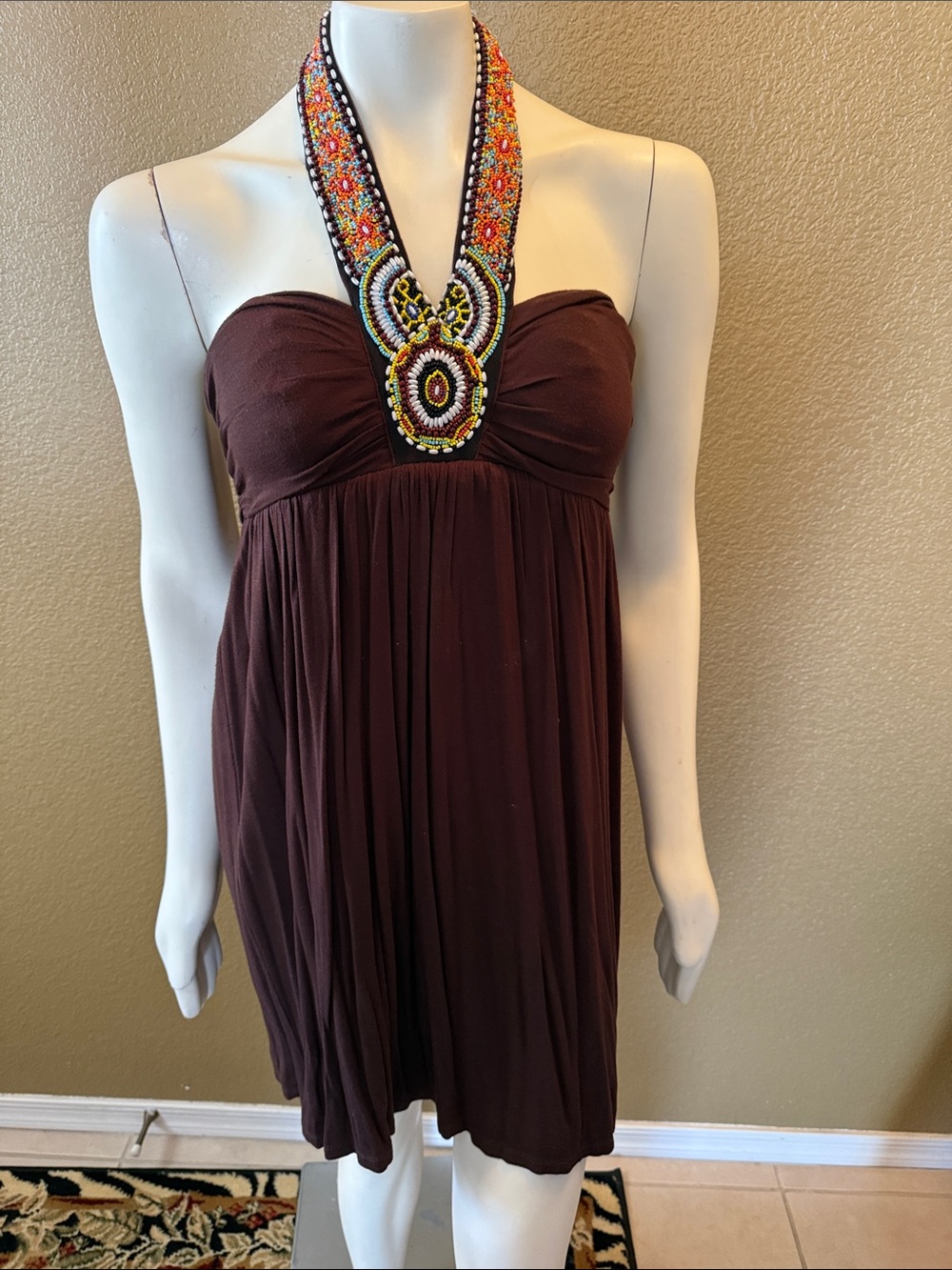 Single Brown Halter Dress with Multicolor Beaded Neckline